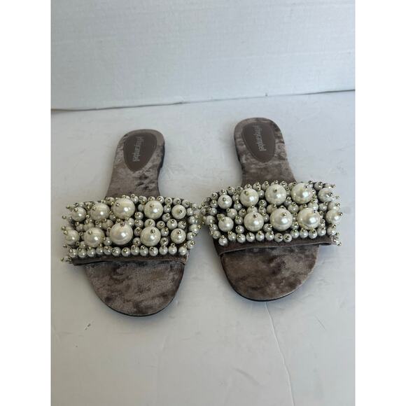 Jeffrey Campbell Dressy Pixie Faux Pearl Taupe Crushed Velvet Slide Sandals Sz 9 - Picture 6 of 12